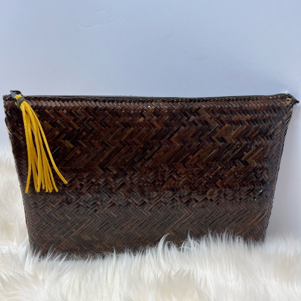 Vintage Woven Straw /Raffia and Snake Skin Zip Top Extra Large Clutch - Picture 3 of 17